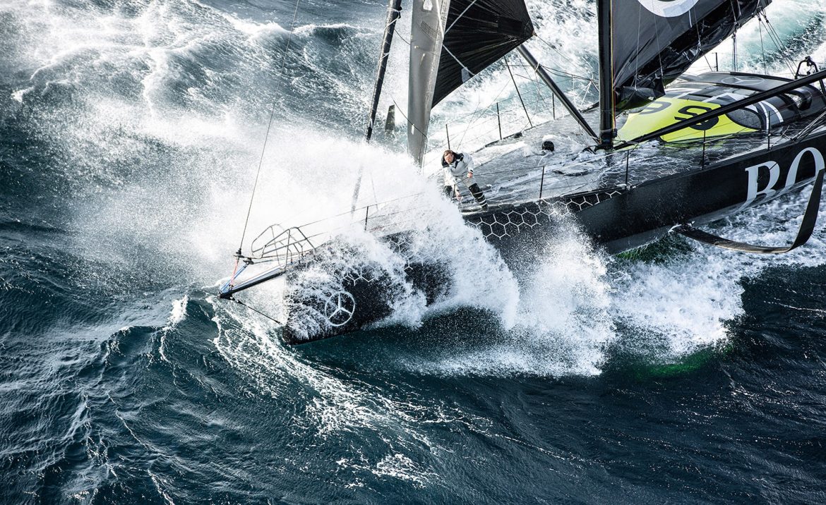 British sailor Alex Thompson hopes to become the first non-Frenchman to win the Vendée Globe. Protruding out of the side of the Hugo Boss boat is Thompson's port-side foil. Photo: Cleo Barnham/Hugo Boss/Vendée Globe.
