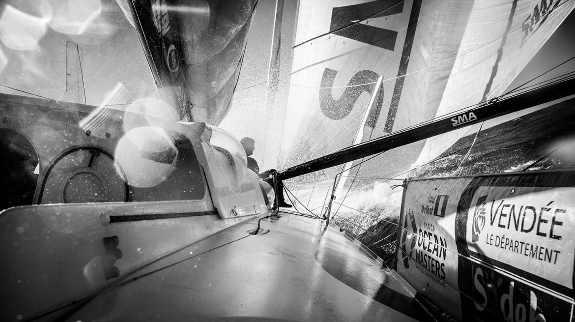 The incredible IMOCA 60s make for a beautiful backdrop for photography. Onboard SMA with skipper Paul Meilhat, who is currently in fourth. Photo: Eloi Stichelbaut/DPPI/Vendée Globe.